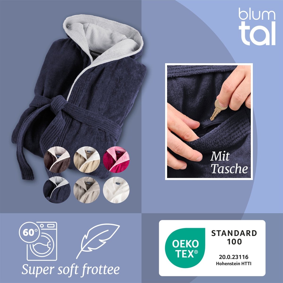 Gefalteter Bademantel mit Qualitätssiegeln und Textilpflegehinweisen