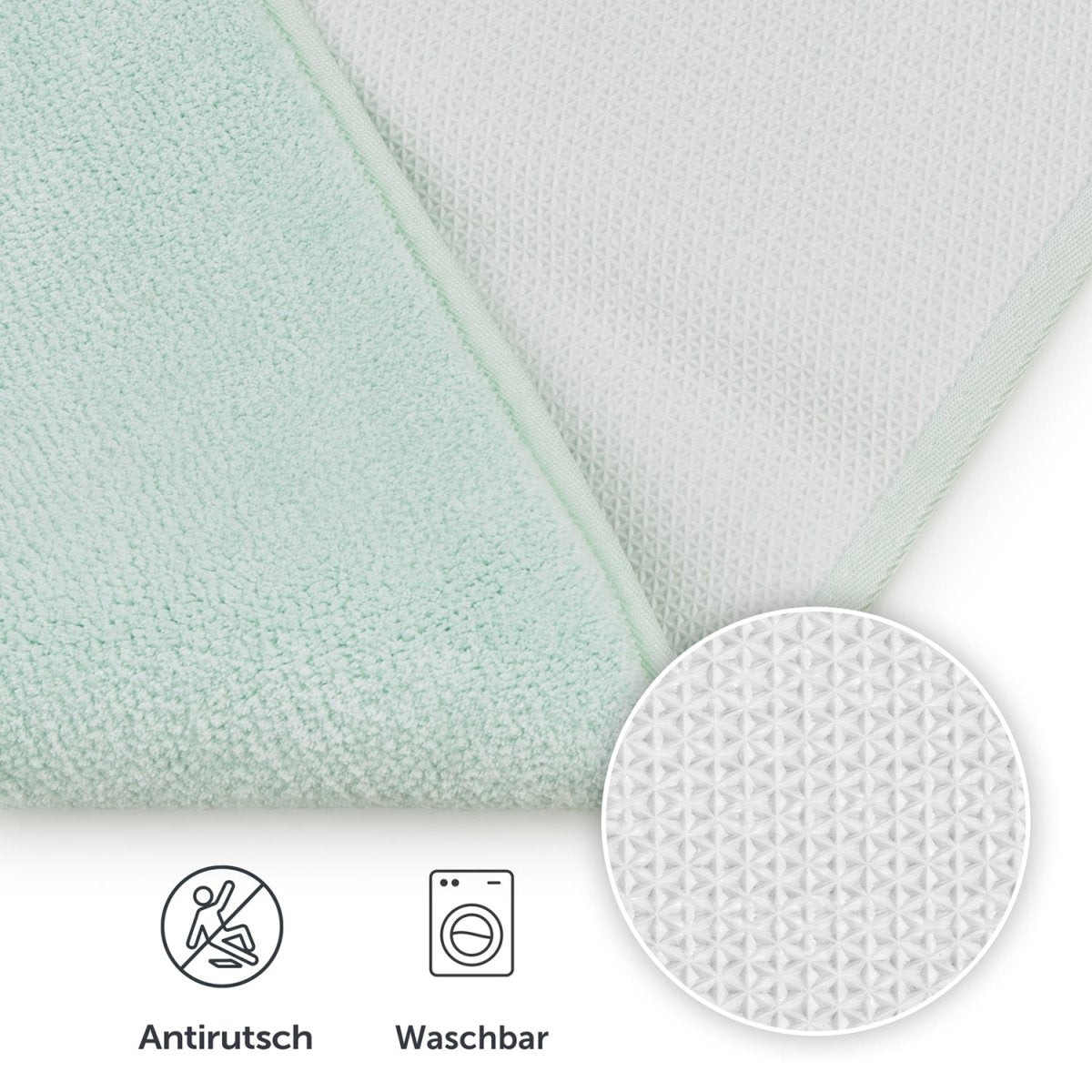 Detail des Badezimmerteppichs mit Text Waschbar.