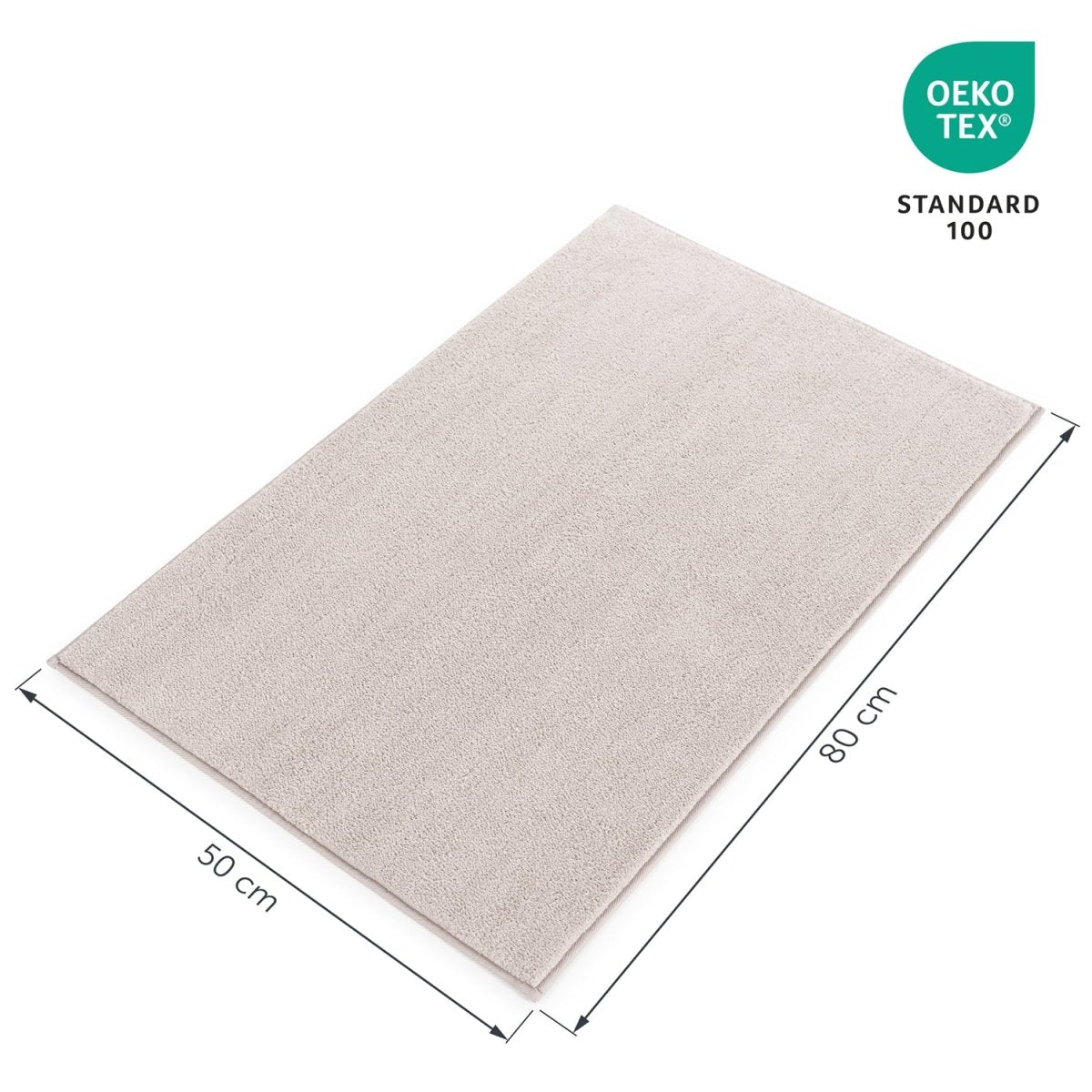 Badezimmerteppich mit Maßangaben 50 cm x 80 cm und Öko-Tex Standard 100 Siegel.