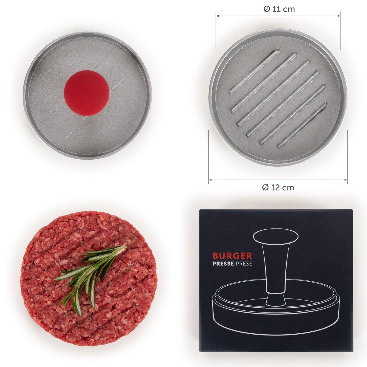 Burgerpresse mit Durchmessern der oberen und unteren Seite und einem Burgerpatty neben der Verpackung.