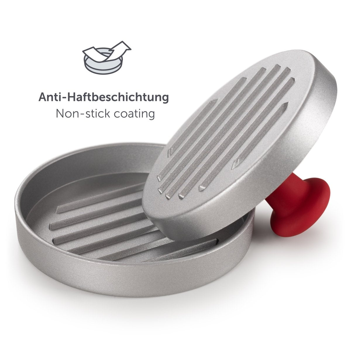 Offene Burgerpresse mit Anti-Haftbeschichtung und rotem Stempel.