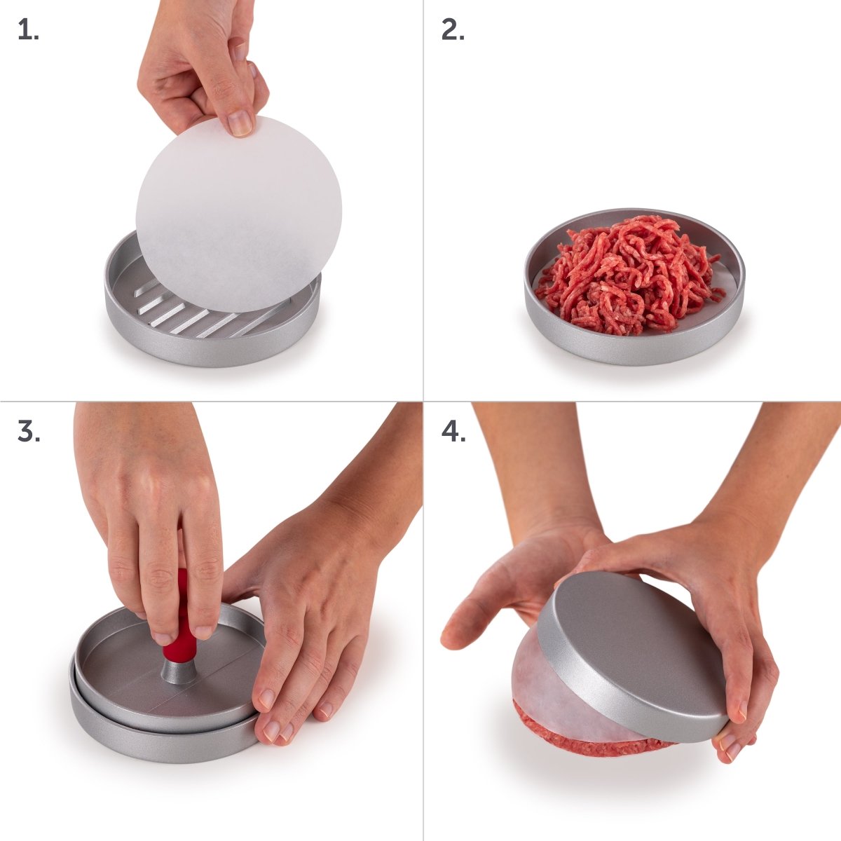 Schrittweise Anleitung zur Nutzung der Burgerpresse mit Trennpapier, Hackfleischfüllung und Pressevorgang.