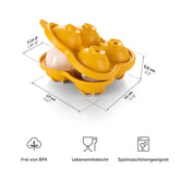 Gelbe Eiswürfelform mit Maßangaben und Symbolen für BPA-frei Lebensmittelecht und Spülmaschinengeeignet.