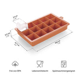 Rote Eiskugelform mit Maßangaben und Symbolen für BPA-frei Lebensmittelecht und Spülmaschinengeeignet.