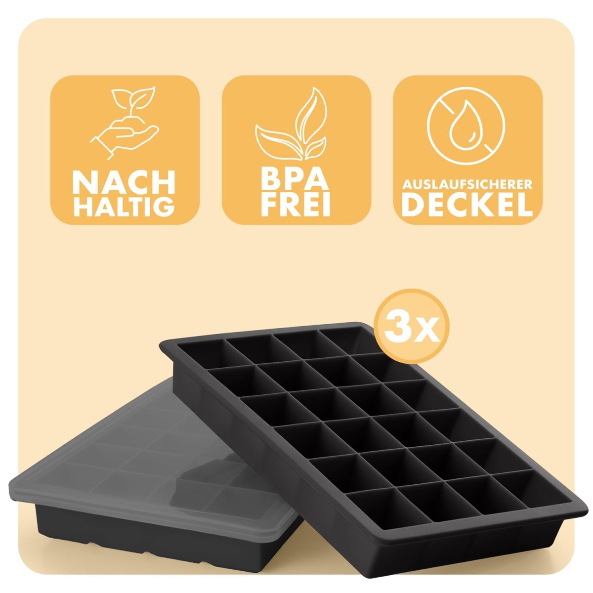 EISWÜRFELFORMEN SILIKON mit Deckel - 3er Set -