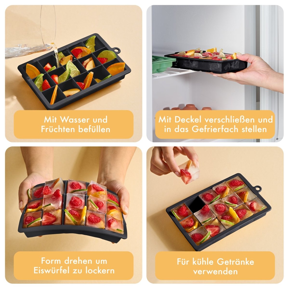 EISWÜRFELFORMEN SILIKON mit Deckel - 3er Set -