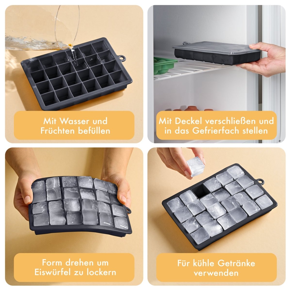 EISWÜRFELFORMEN SILIKON mit Deckel - 3er Set -