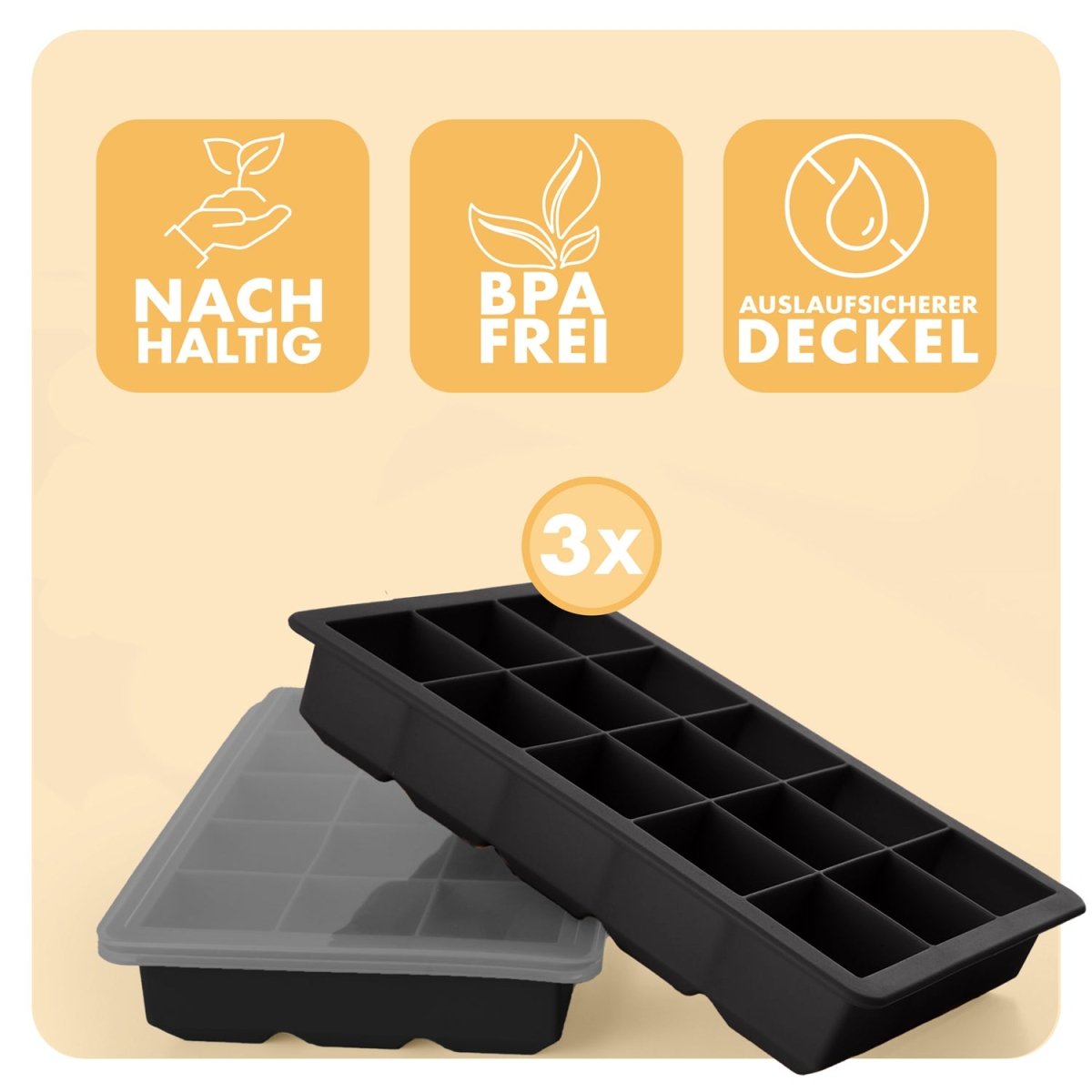 EISWÜRFELFORMEN SILIKON mit Deckel - 3er Set -