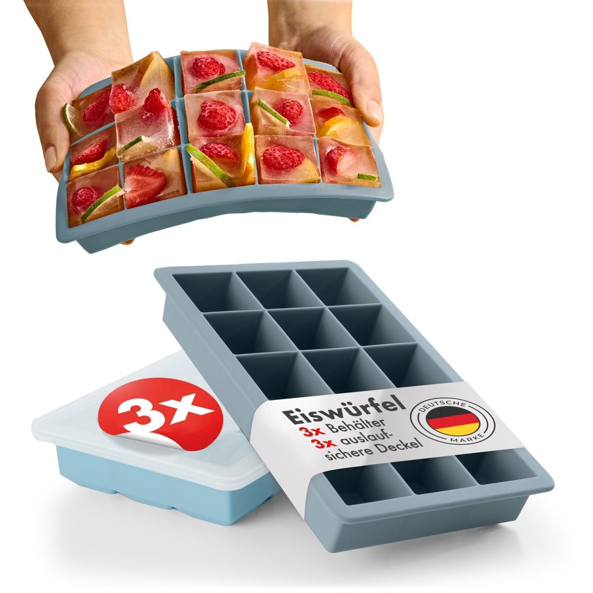 EISWÜRFELFORMEN SILIKON mit Deckel - 3er Set -