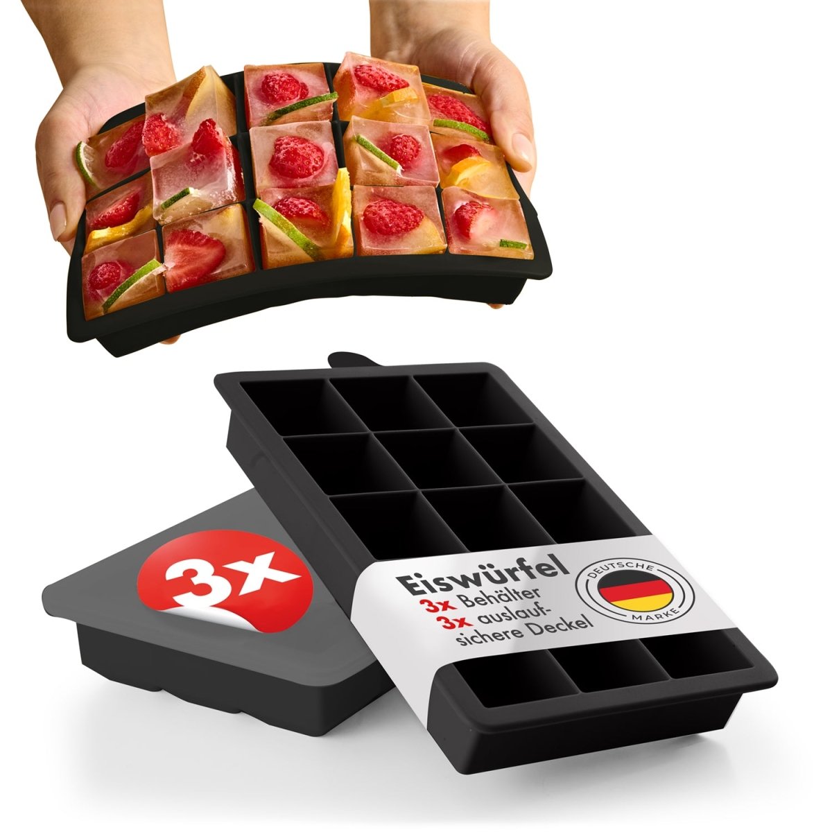 EISWÜRFELFORMEN SILIKON mit Deckel - 3er Set -