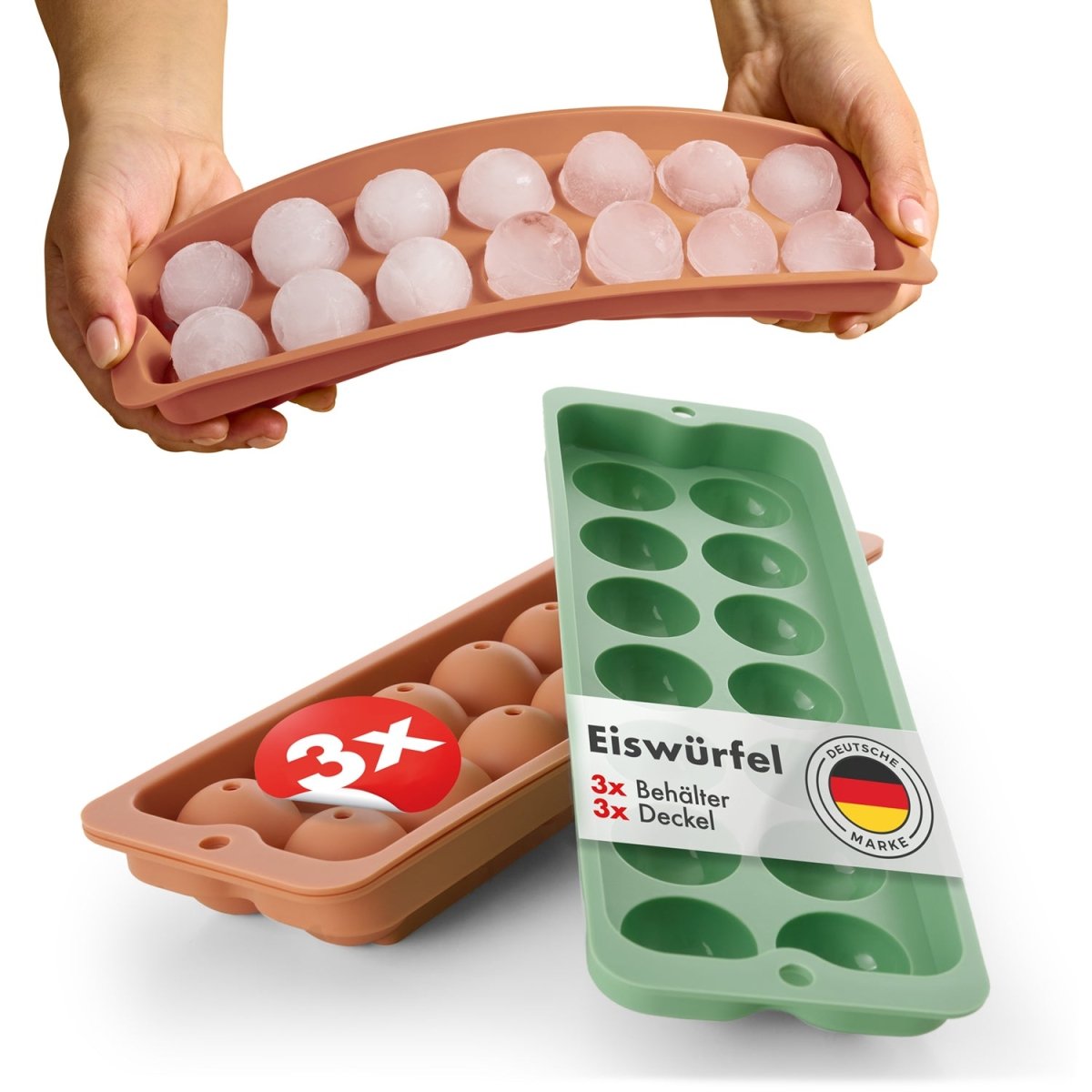EISWÜRFELFORMEN SILIKON mit Deckel - 3er Set -