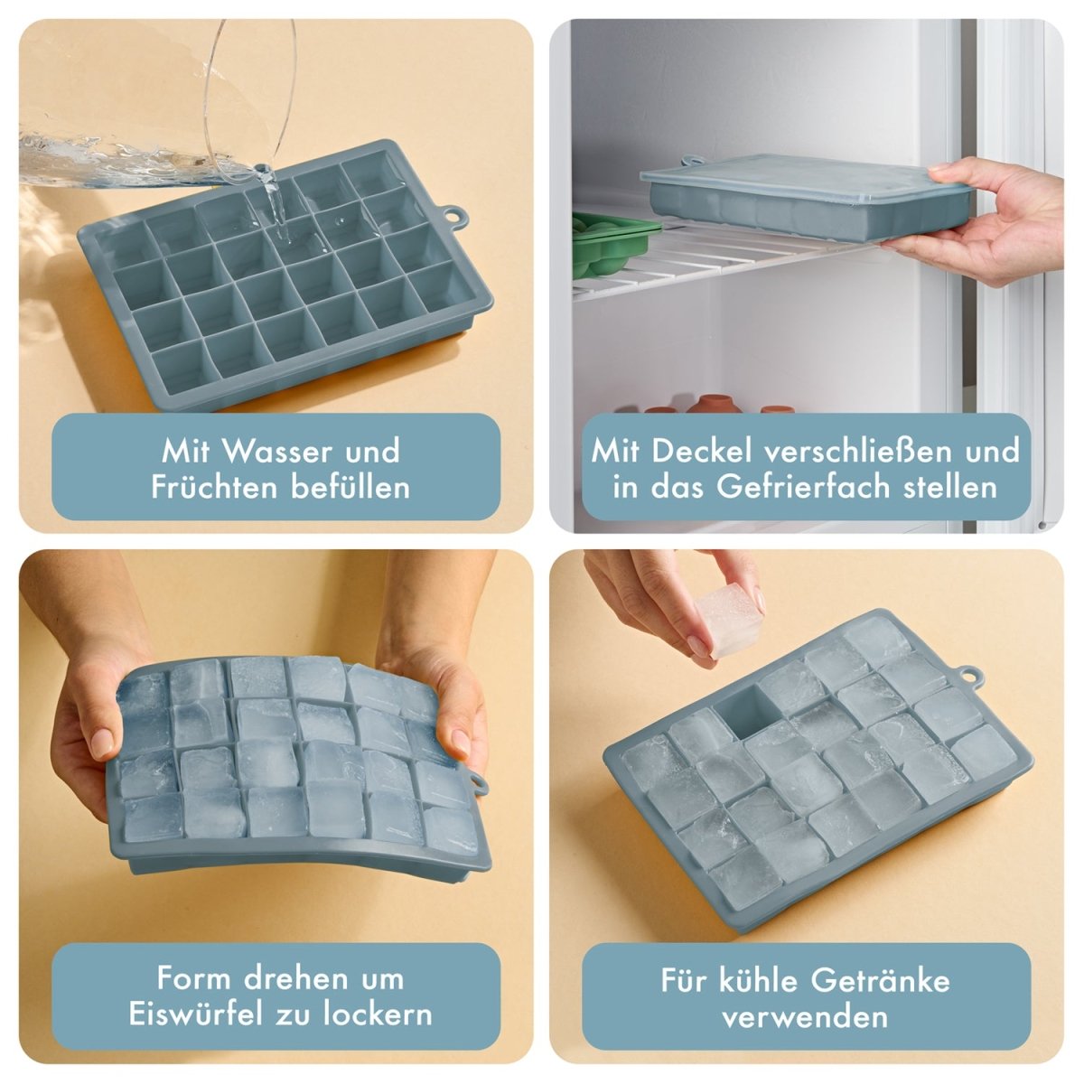 EISWÜRFELFORMEN SILIKON mit Deckel - 3er Set -