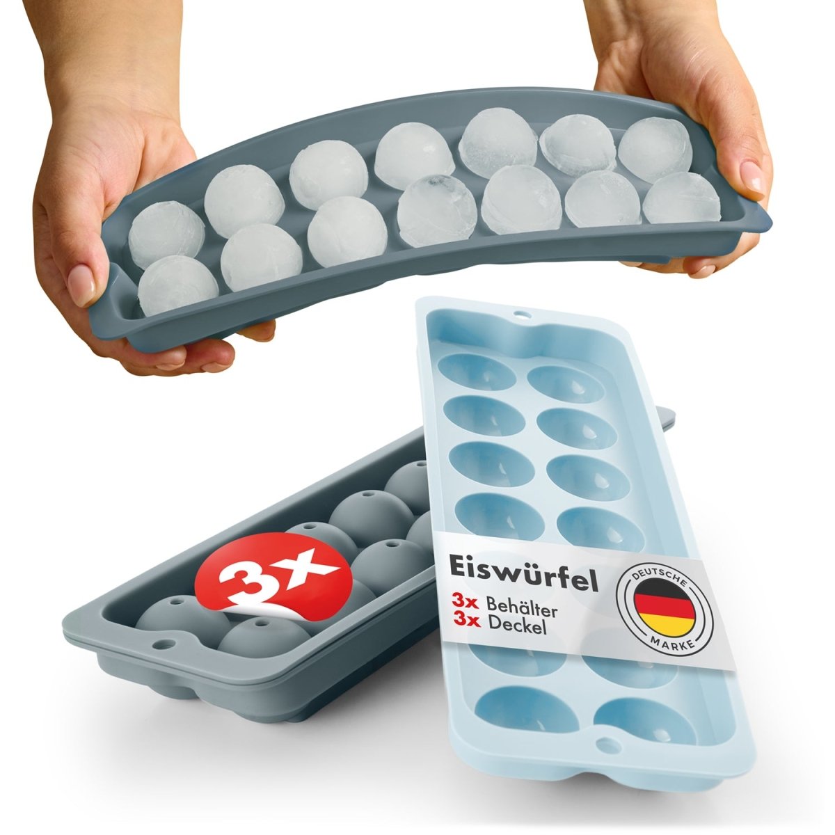 EISWÜRFELFORMEN SILIKON mit Deckel - 3er Set -