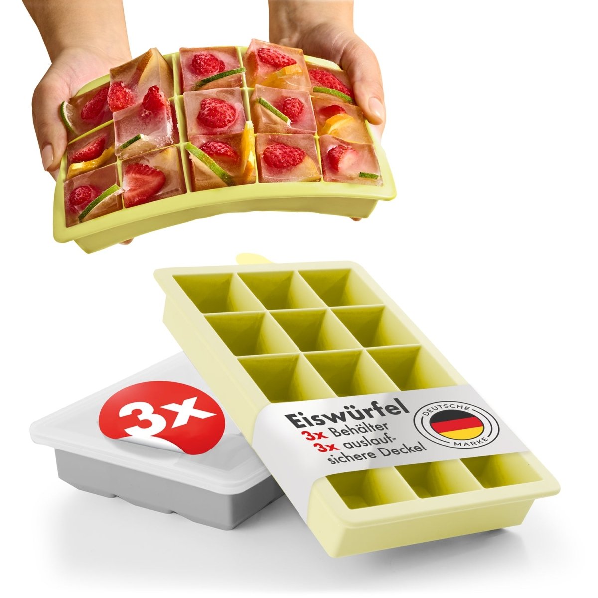 EISWÜRFELFORMEN SILIKON mit Deckel - 3er Set -