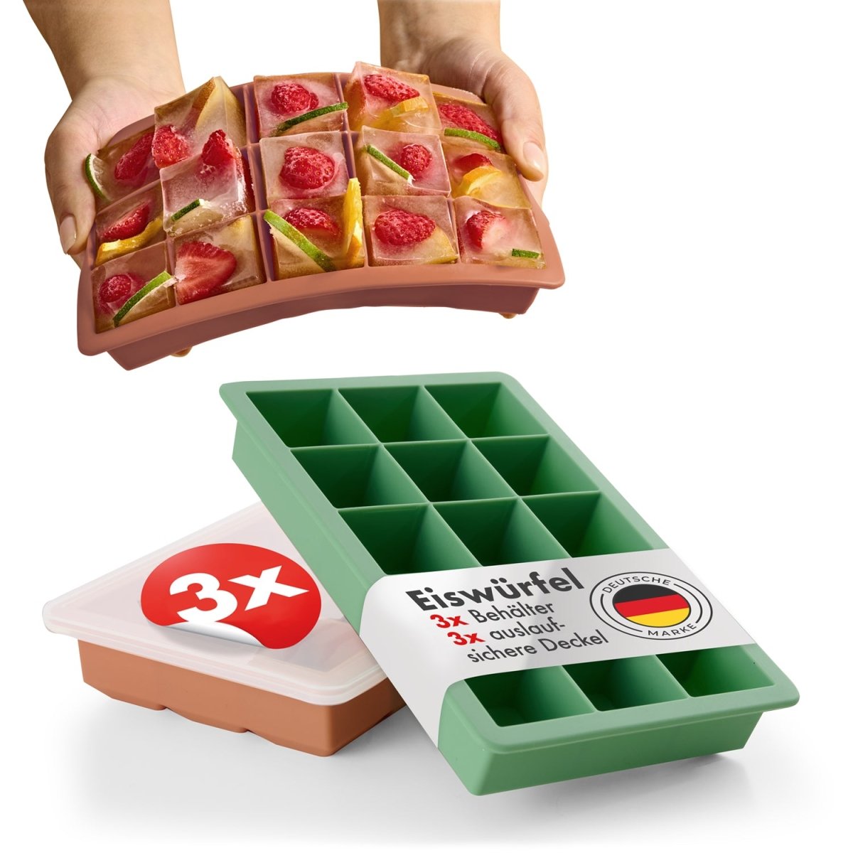 EISWÜRFELFORMEN SILIKON mit Deckel - 3er Set -