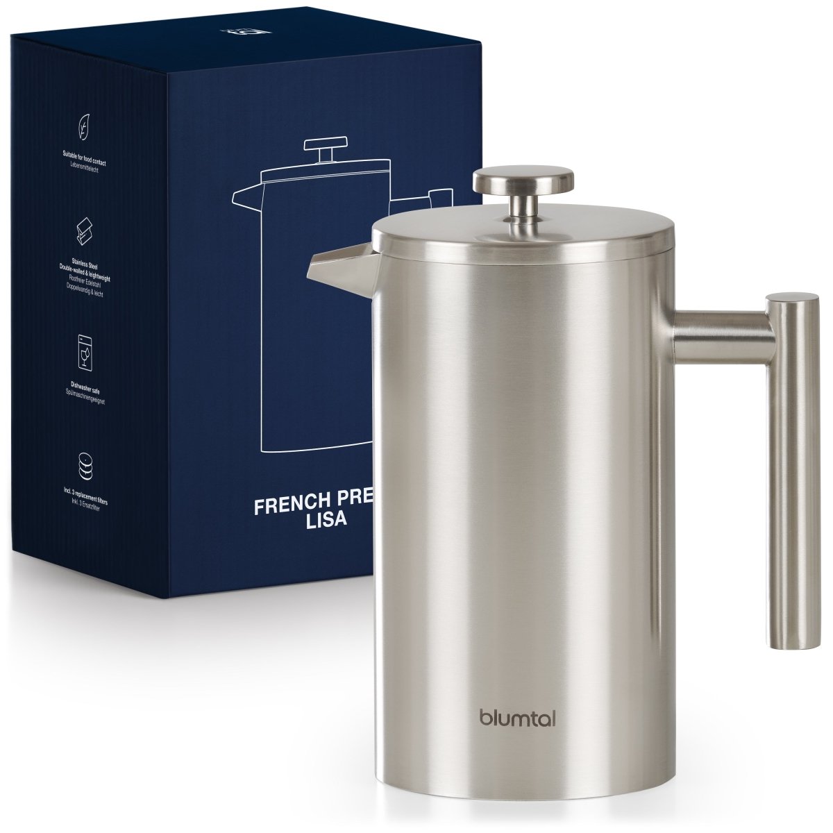 Edelstahl-French-Press neben der Verpackung.
