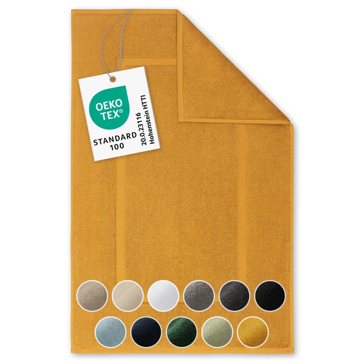 Gelbes Handtuch mit Farboptionen und OEKO-TEX Label.