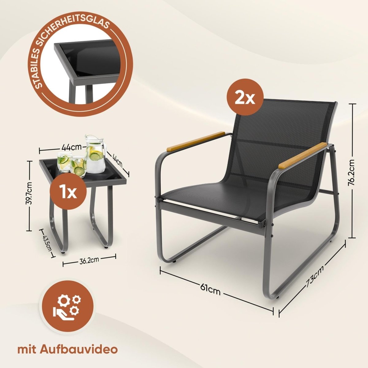 Anthrazit-GARTENMÖBEL Groenadal Sessel und Tisch Set