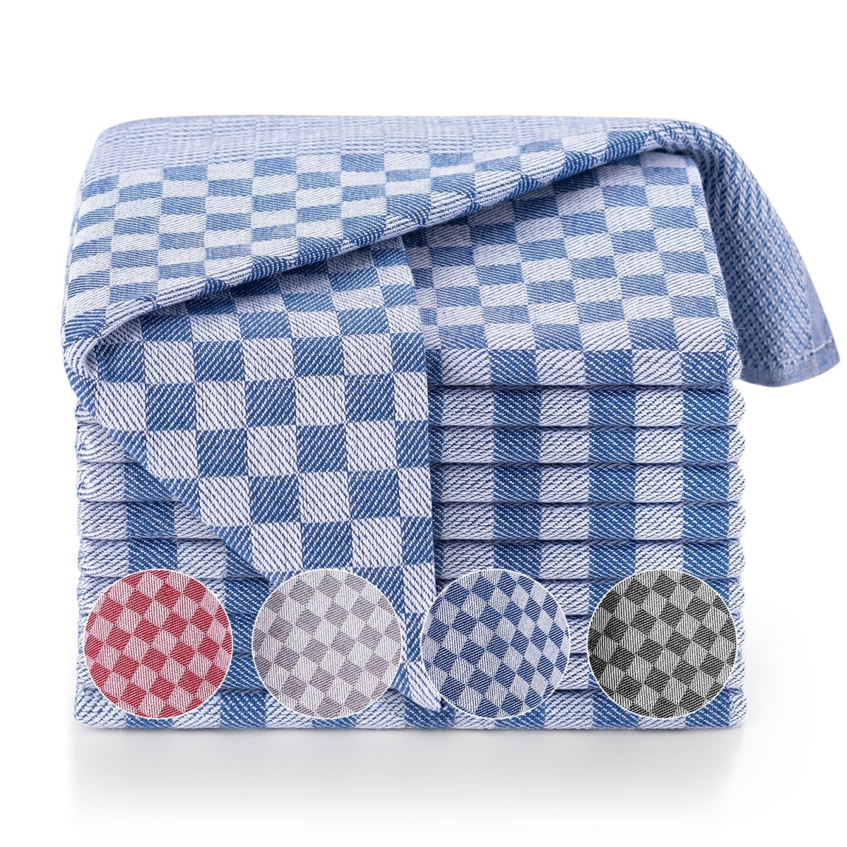 Geschirrtuch gefaltet mit einem Teil herunterhängend und vier Mustervariationen in Kreisen dargestellt