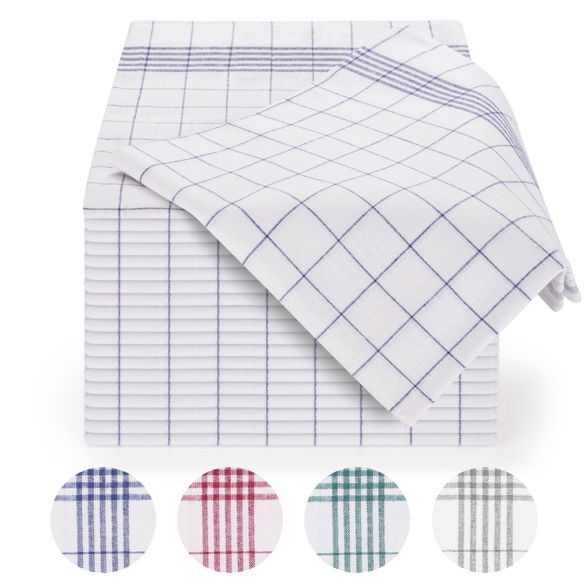 Geschirrtücher gestapelt mit einem Tuch halb ausgebreitet oben drauf.