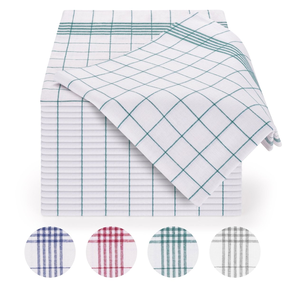 Geschirrtücher gestapelt mit einem Tuch halb ausgebreitet oben drauf.