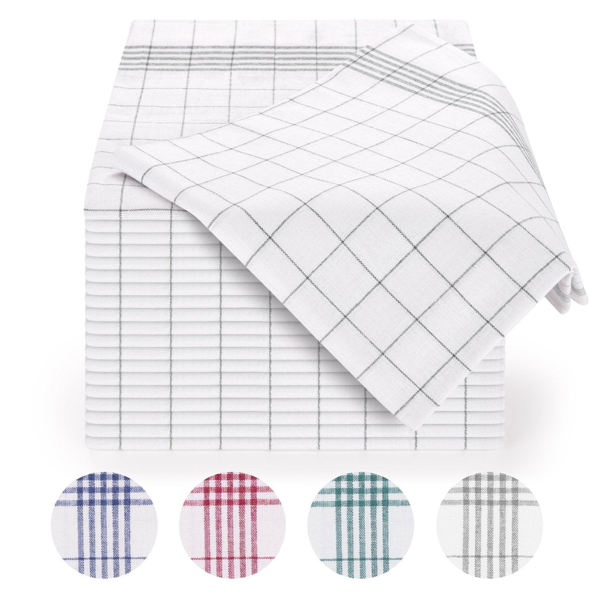 Geschirrtücher gestapelt mit einem Tuch halb ausgebreitet oben drauf.