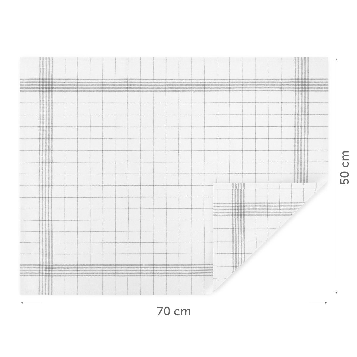 Geschirrtuch mit Maßangaben.