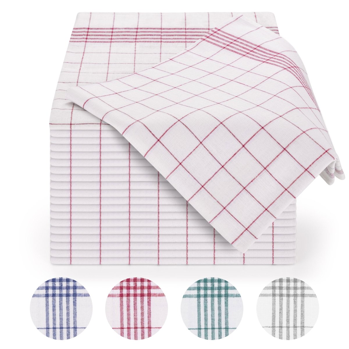 Geschirrtücher gestapelt mit einem Tuch halb ausgebreitet oben drauf.