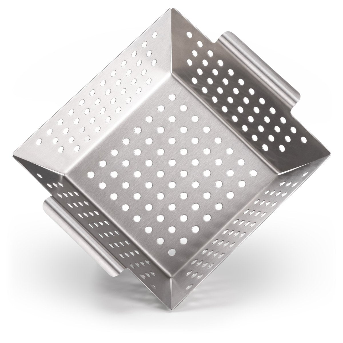 Leerer kleiner Edelstahl-Grillkorb von oben betrachtet