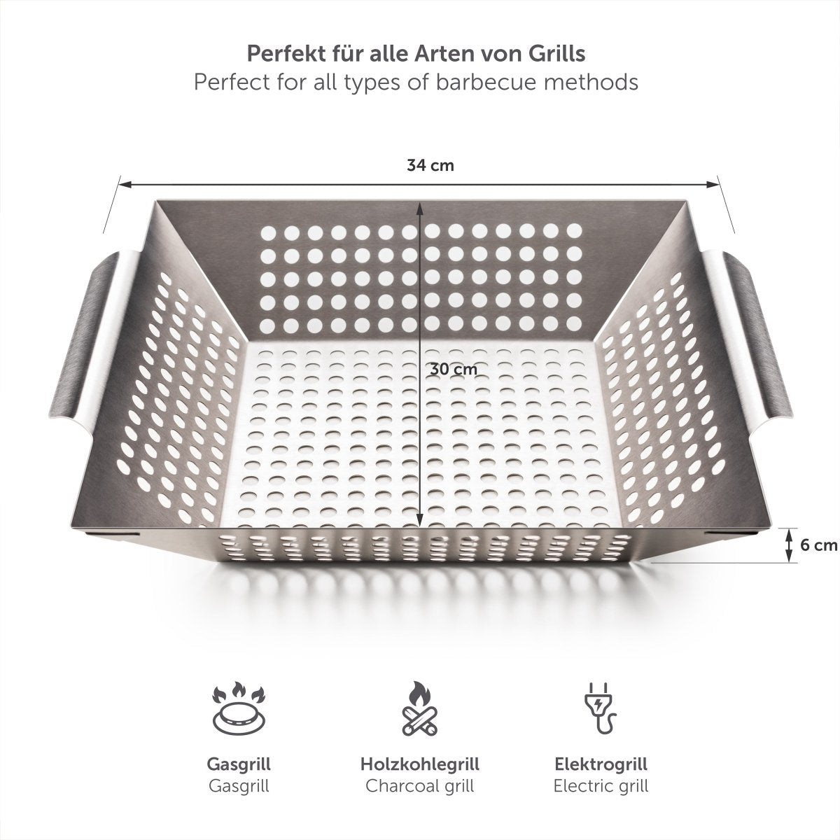 Großer Edelstahl-Grillkorb mit Maßangaben und Grilltypen.