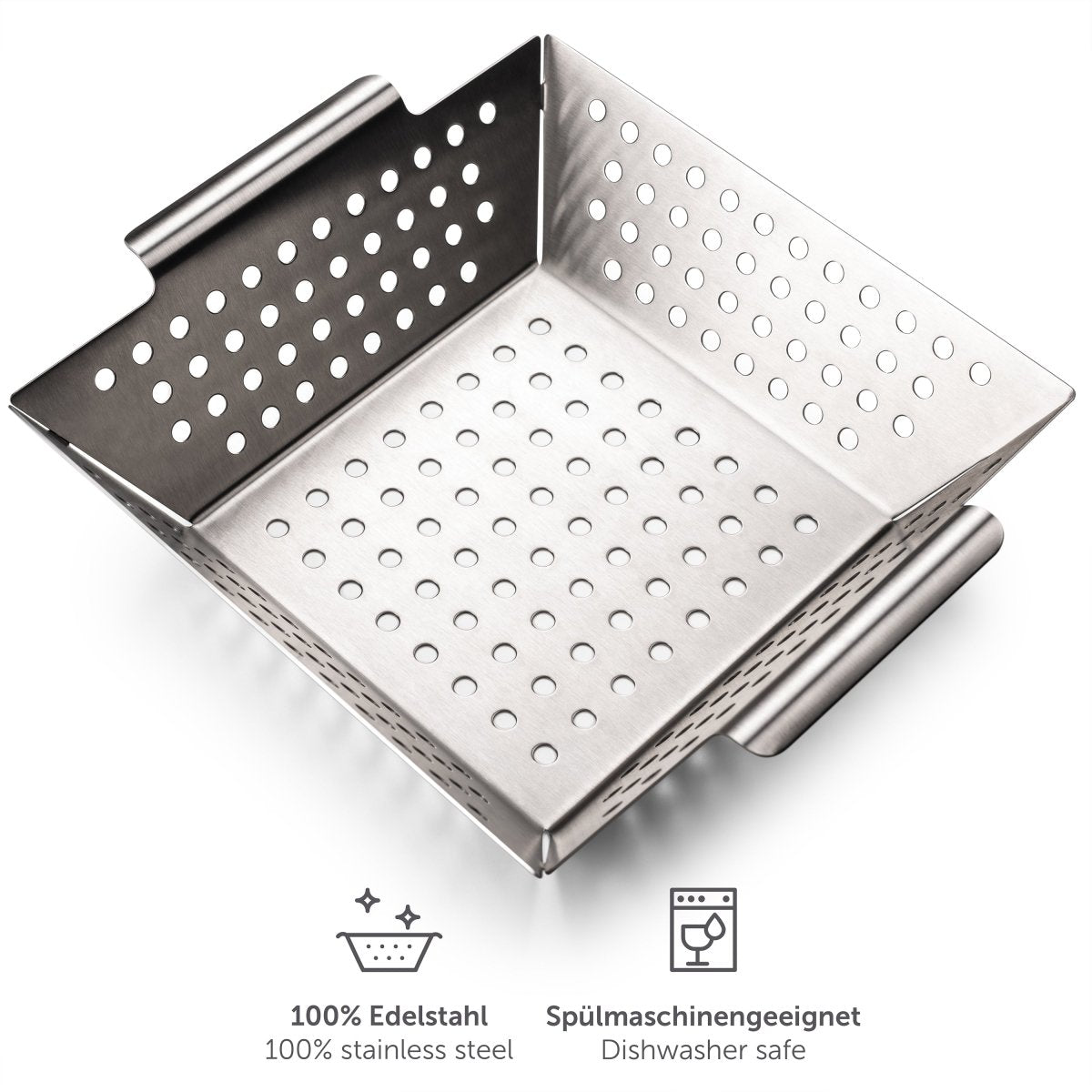 Kleiner Edelstahl-Grillkorb mit Symbolen für 100% Edelstahl und Spülmaschinengeeignet.