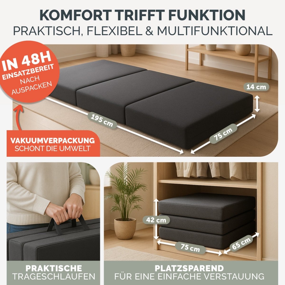 KLAPPMATRATZE EKTORP - 3teilige Gästematratze klappbar extra dick -