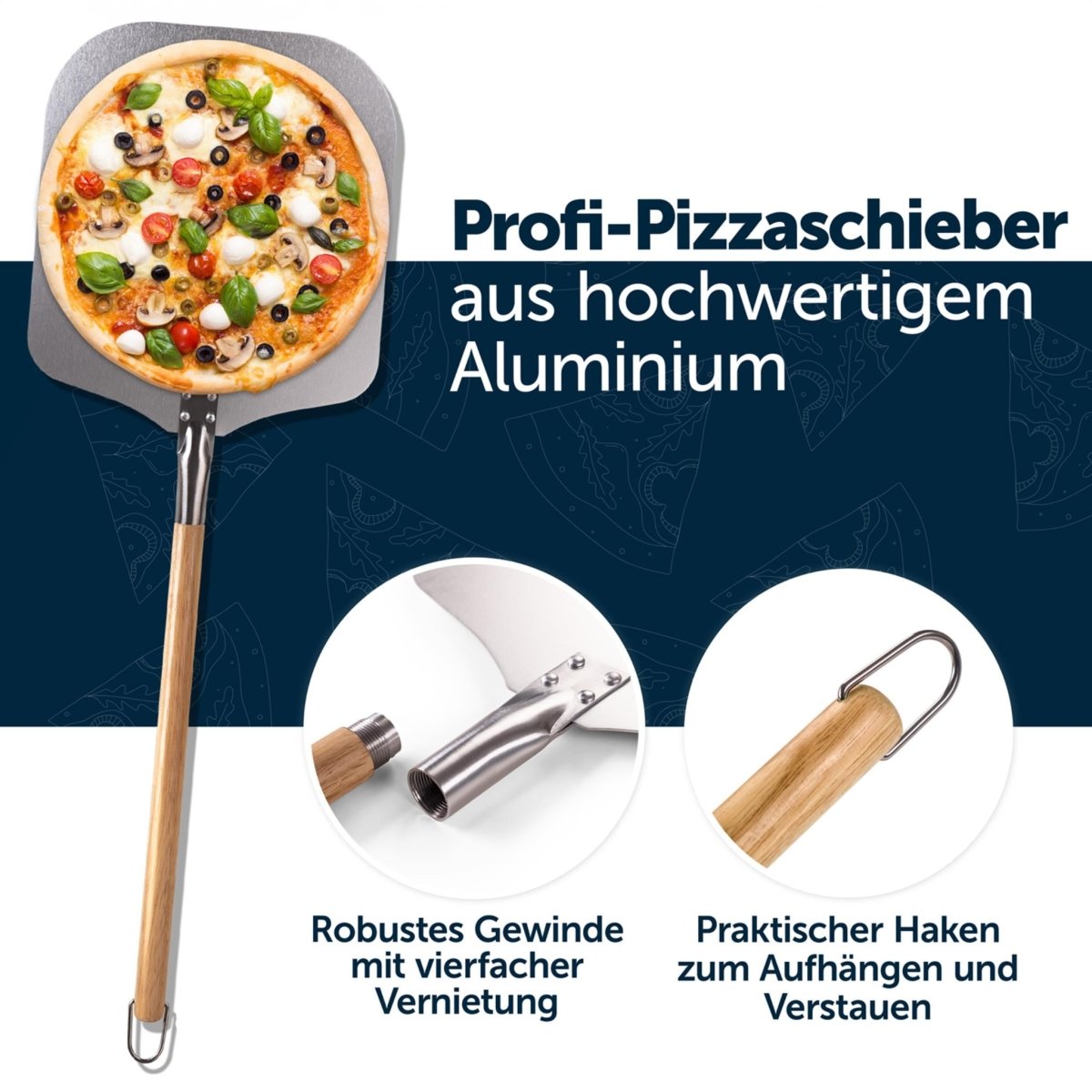Pizzaschieber aus hochwertigem Aluminium mit robuster, vierfach vernieteter Verbindung und praktischem Haken zum Aufhängen.