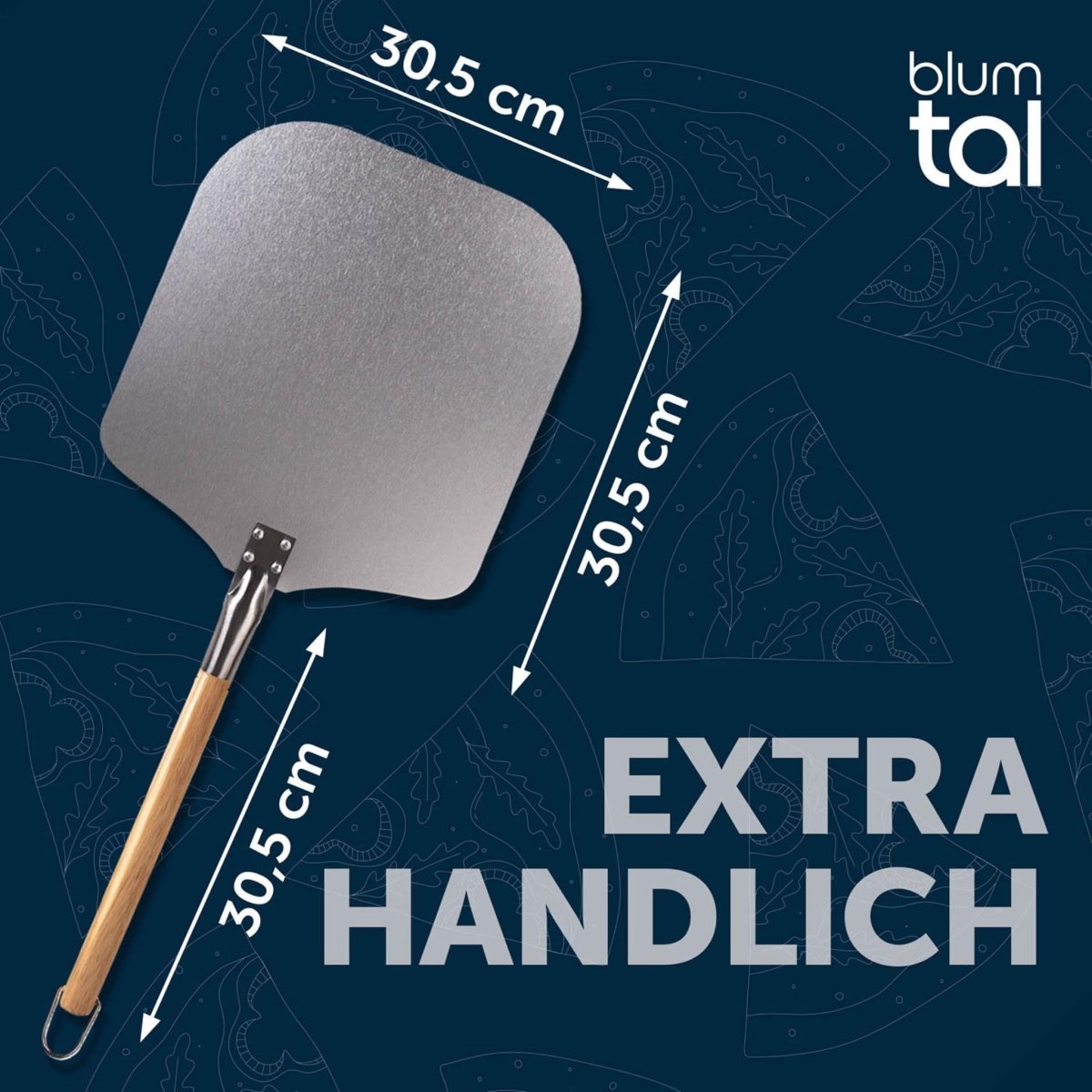 Extra lange Pizzaschaufel von Blumtal mit Abmessungen: 30,5 x 30,5 cm Schaufel und 54,5 cm Griff.