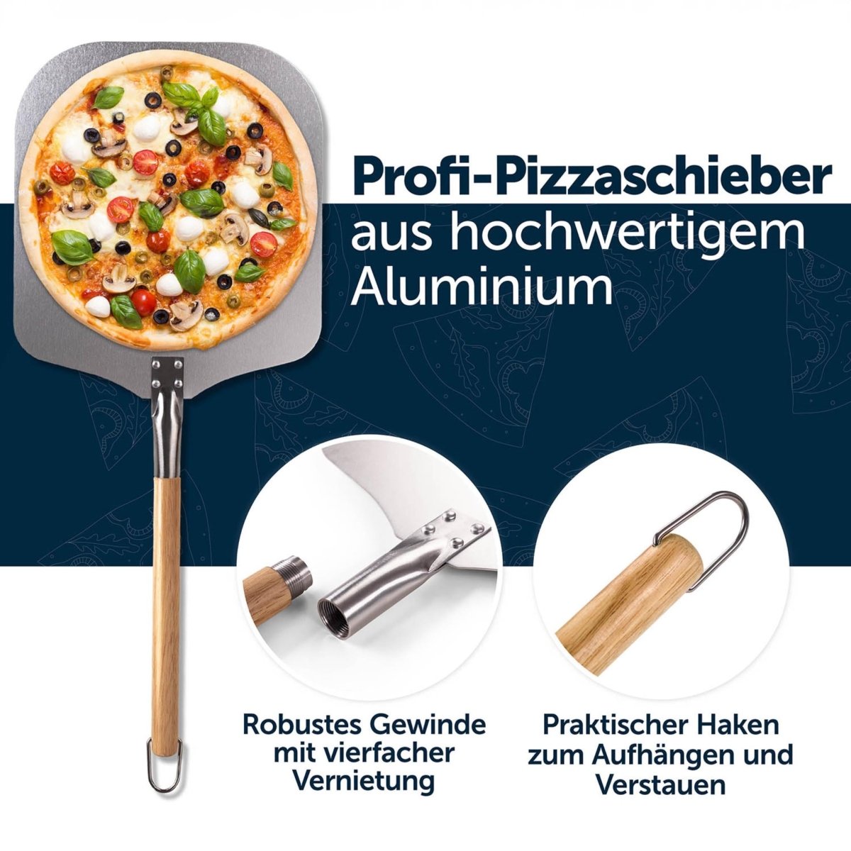 Pizzaschieber aus hochwertigem Aluminium mit robuster, vierfach vernieteter Verbindung und praktischem Haken zum Aufhängen.