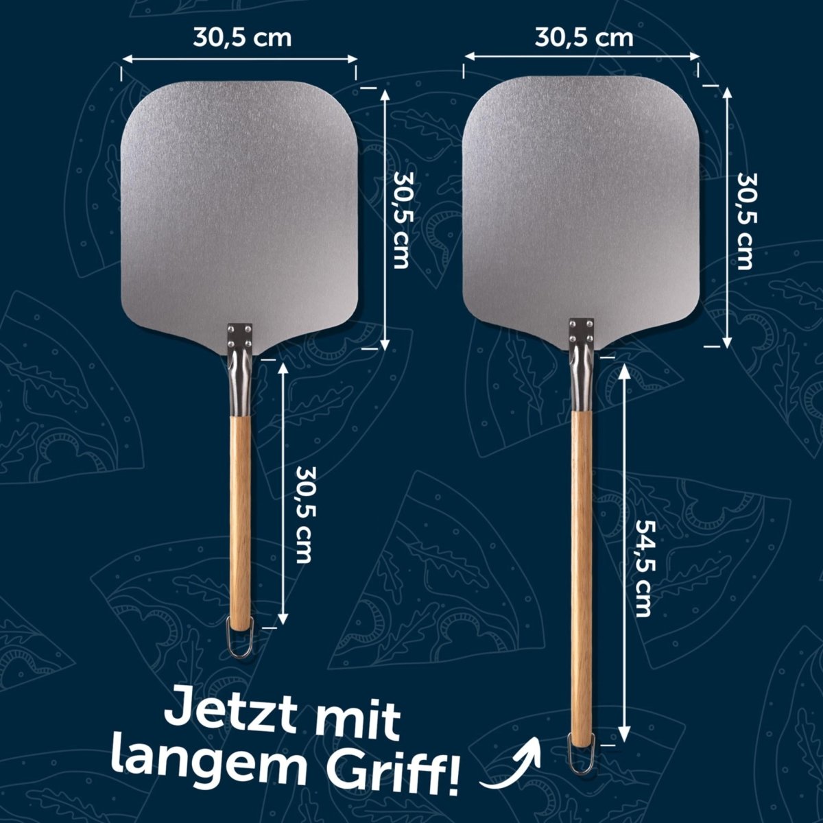Vergleich von zwei Blumtal Pizzaschaufeln, eine mit kurzem und eine mit langem Griff. Beide Schaufeln sind 30,5 x 30,5 cm groß.