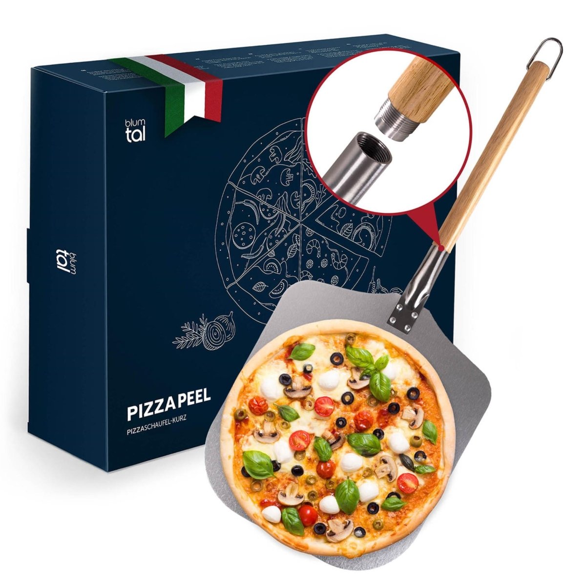 Verpackung einer Blumtal Pizzaschaufel, daneben die Schaufel aus Aluminium mit Holzgriff, auf der eine Pizza mit Rucola und Tomaten liegt. Ein Detailbild zeigt das robuste Schraubgewinde.
