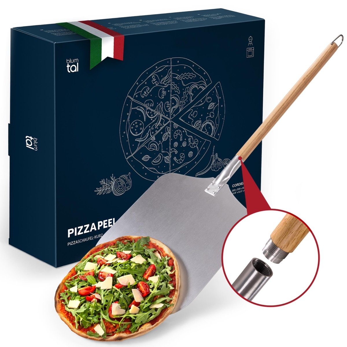Verpackung einer Blumtal Pizzaschaufel, daneben die Schaufel aus Aluminium mit Holzgriff, auf der eine Pizza mit Rucola und Tomaten liegt. Ein Detailbild zeigt das robuste Schraubgewinde.