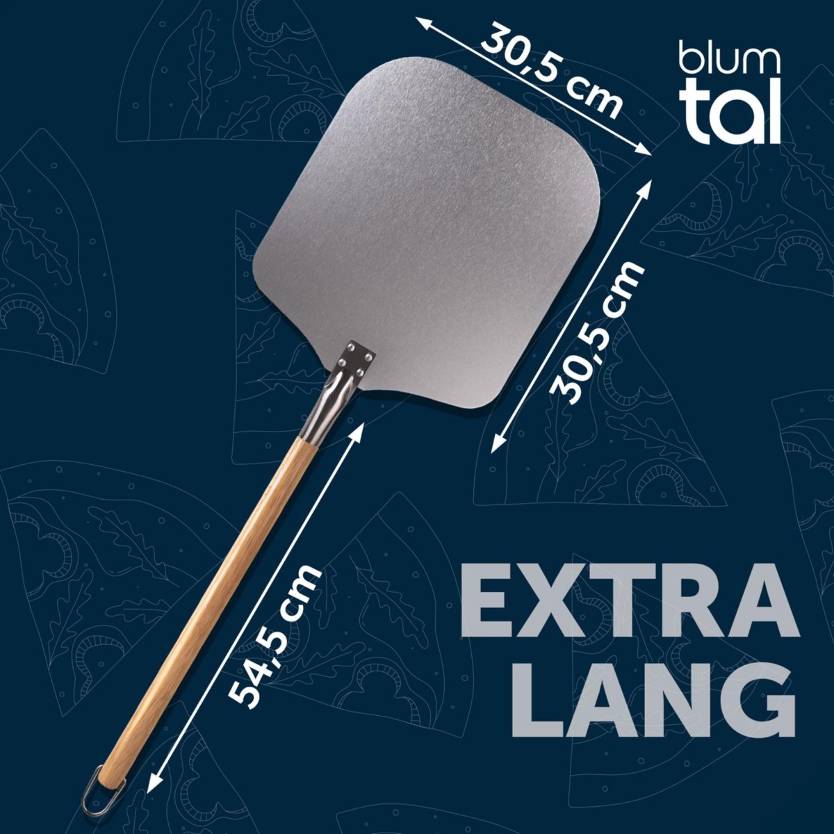 Extra lange Pizzaschaufel von Blumtal mit Abmessungen: 30,5 x 30,5 cm Schaufel und 54,5 cm Griff.