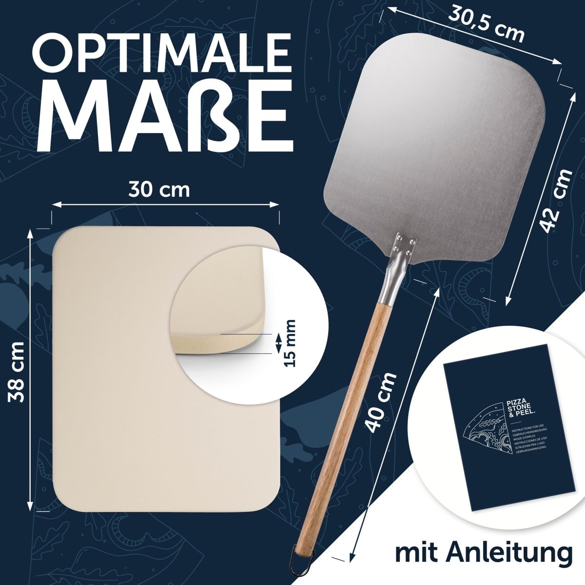 Abmessungen des Pizzasteins (30x38 cm, 15 mm dick) und des Pizzaschiebers (30,5x42 cm Schaufel, 40 cm Griff). Die Anleitung ist ebenfalls abgebildet.