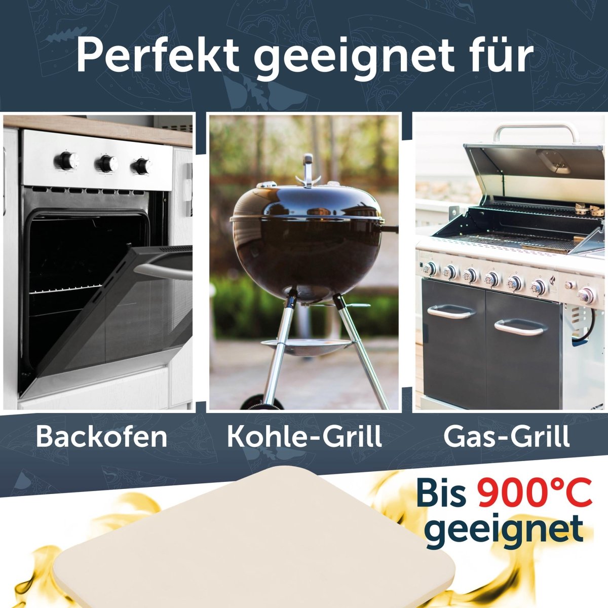 Darstellung der Kompatibilität des Pizzasteins mit Backofen, Kohle-Grill und Gas-Grill. Hinweis: Der Stein ist bis 900°C hitzebeständig.