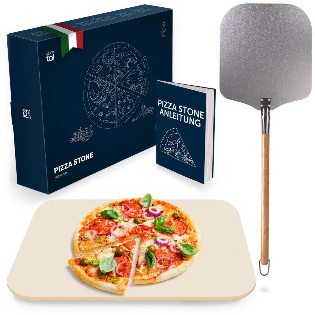 Verpackung eines Pizza Stones von Blumtal, inklusive Anleitung und Pizzaschieber aus Metall mit Holzgriff. Eine frisch gebackene Pizza liegt auf dem Pizzastein.