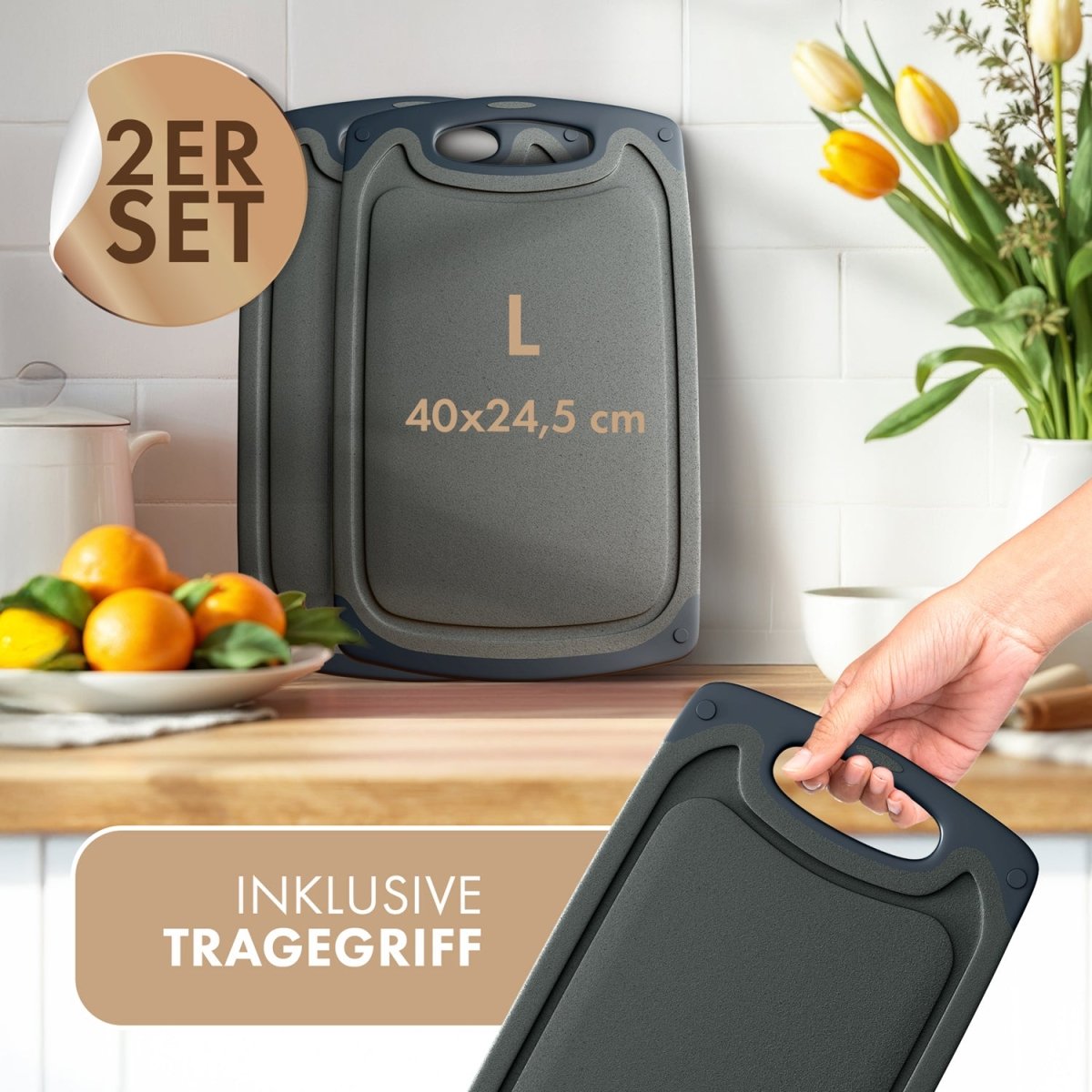 SCHNEIDEBRETT aus Kunststoff mit Saftrillen + Set & Farben -