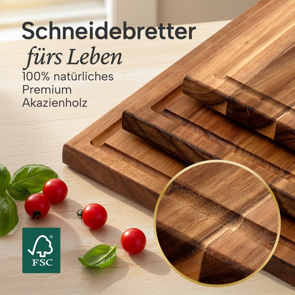 SCHNEIDEBRETT HOLZ Thrud - Massives Akazienholz 3er Set -