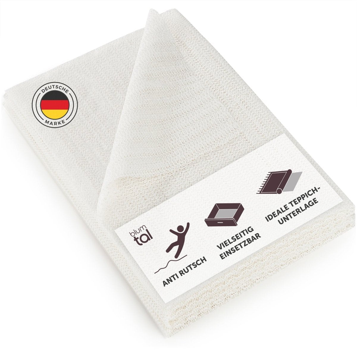 Eine weiße Antirutschmatte mit einer Ecke, die umgeklappt ist, um die Struktur zu zeigen. Auf dem Etikett steht "DEUTSCHE MARKE", "blumtal", "ANTI RUTSCH", "VIELSEITIG EINSETZBAR" und "IDEALE TEPPICH-UNTERLAGE".