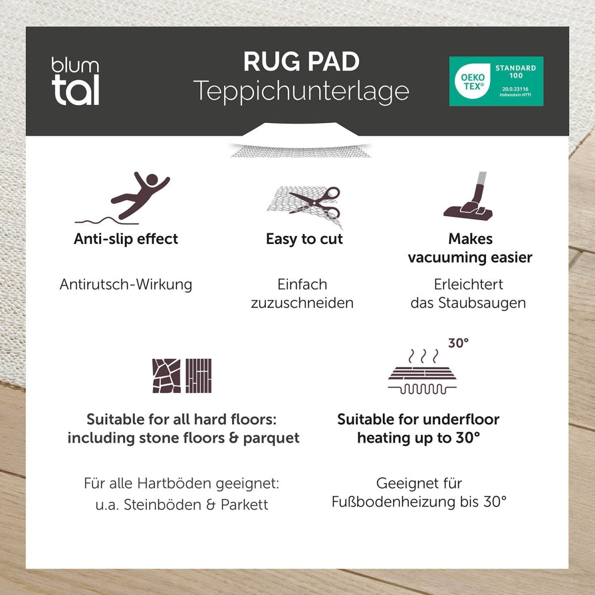 Informationskarte für eine weiße Antirutschmatte von blumtal mit Merkmalen wie "Anti-slip effect", "Easy to cut", und "Makes vacuuming easier", geeignet für harte Böden und Fußbodenheizung bis 30 Grad.