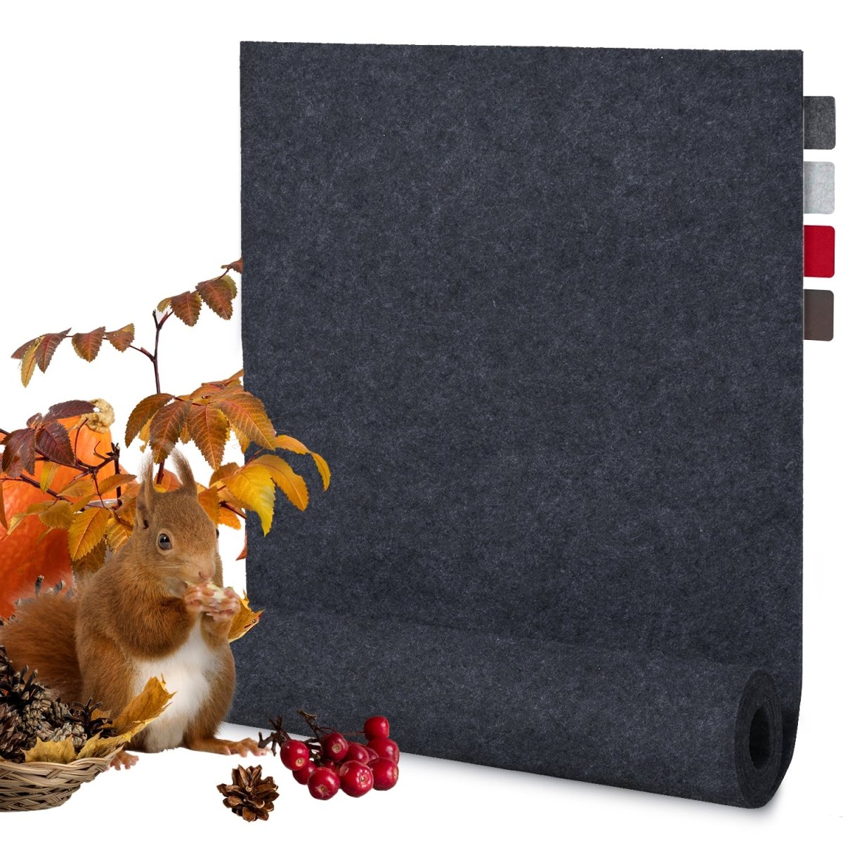 Herbstszene mit Eichhörnchen und Rollenprodukt in Naturtönen