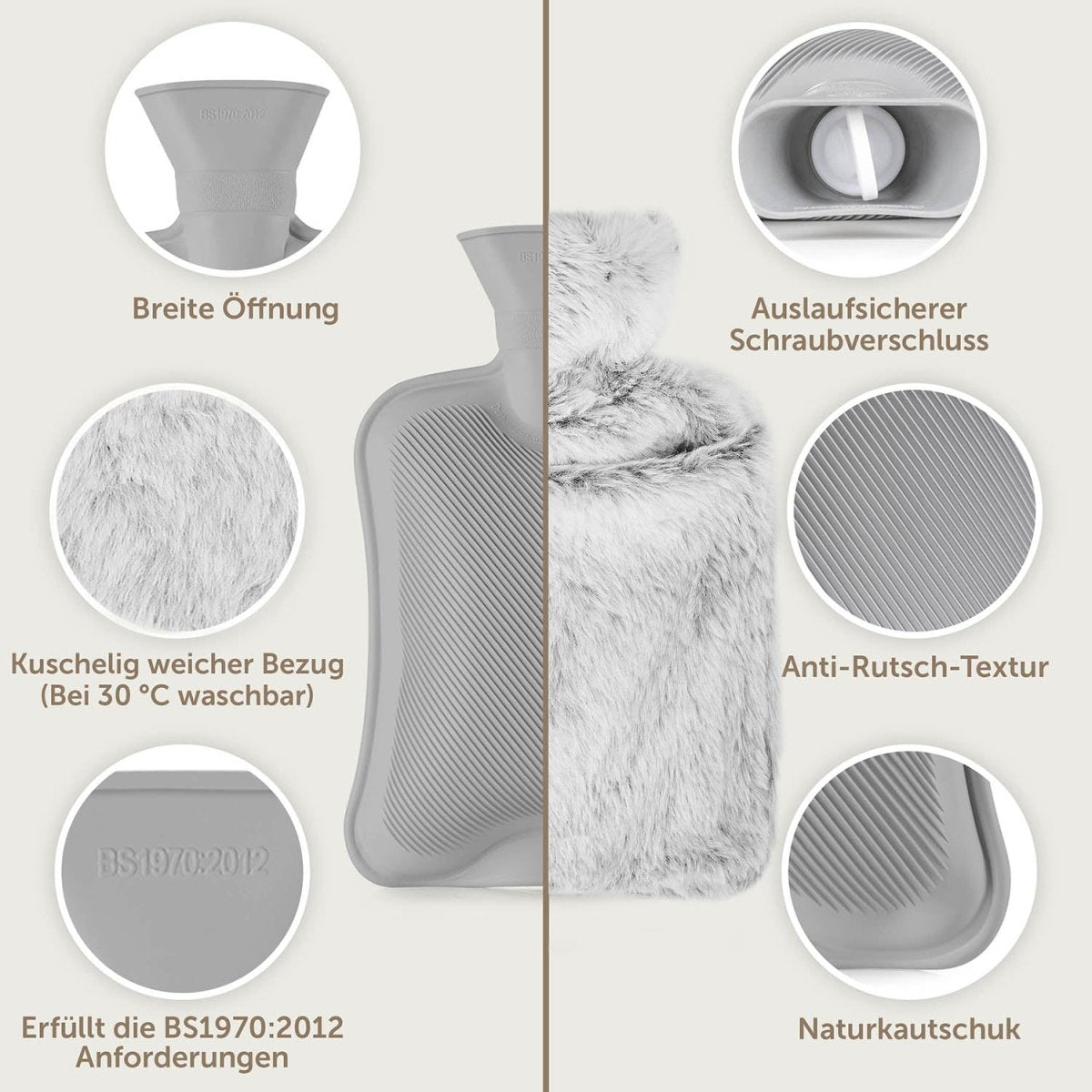 WÄRMEFLASCHE mit Bezug & Tasche aus weichem Kunstfell -