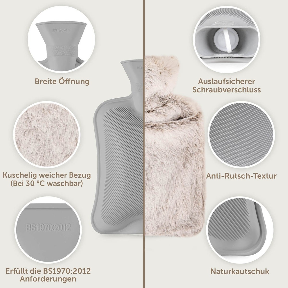 WÄRMEFLASCHE mit Bezug & Tasche aus weichem Kunstfell -