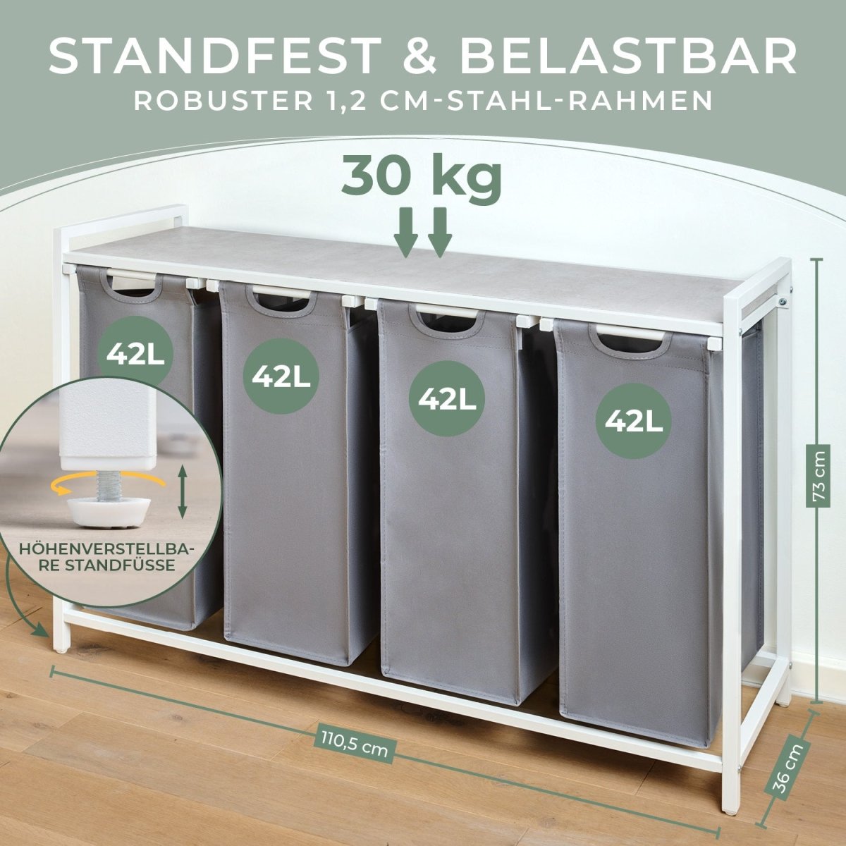 WÄSCHEKORB mit Metall - Rahme - Ablage & Beinen + 4 Verschiedenen Designs -
